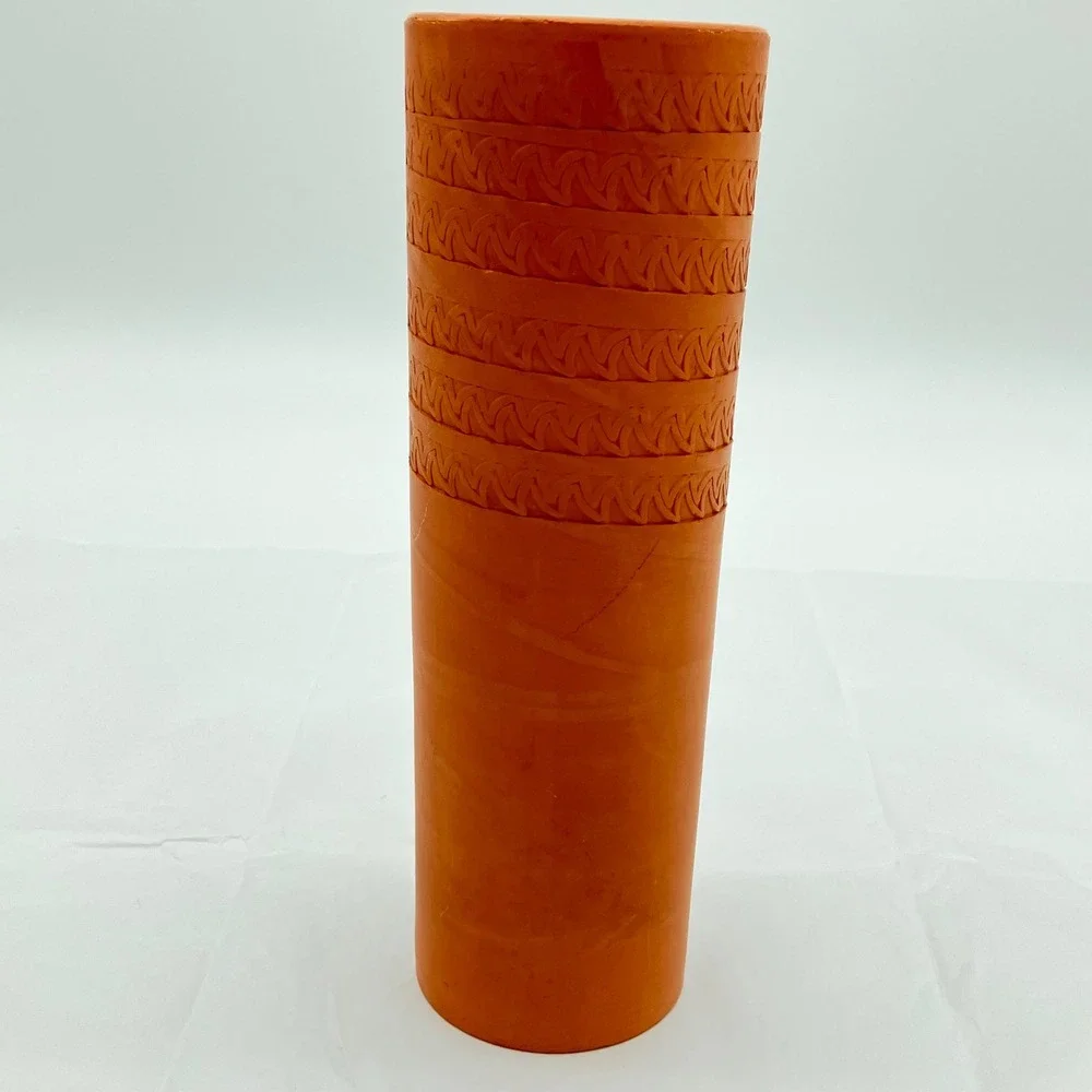 Terracotta Cylinder Vase 9.5in Orange Hand Carved Geometric Pattern
